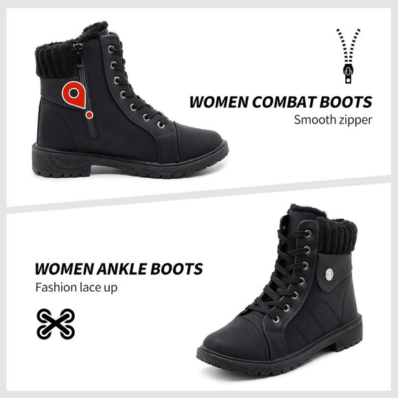 Waluzs Ankle Boot Women Black Polyurethane  lace up fleece interior And Soft - Picture 2 of 6